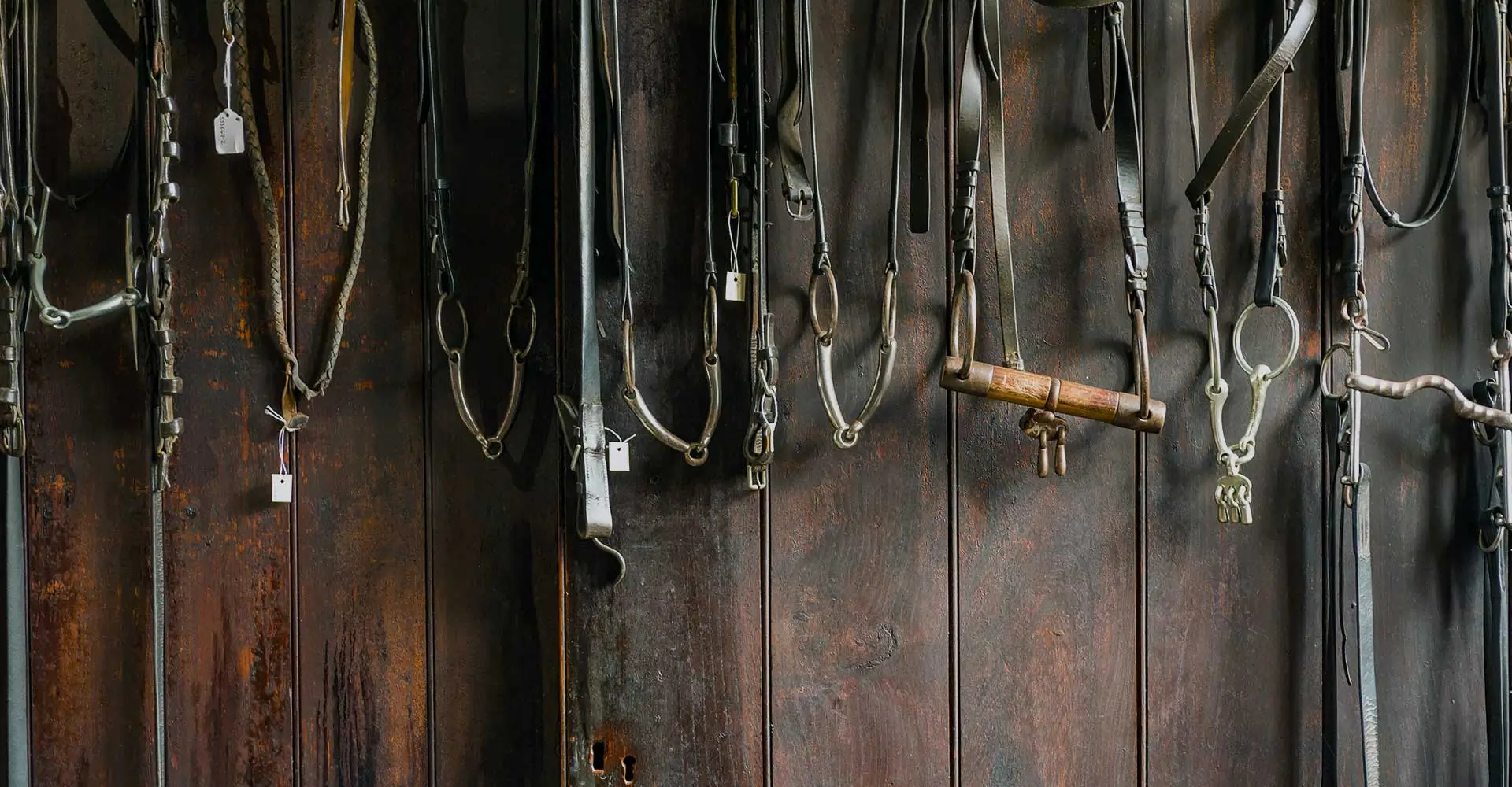 Contact us here at Rusty Spurr Ranch and learn more about our horseback riding tours, Colorado horse ranch culture and more as seen here on this wall of horse tack hanging in the barn.